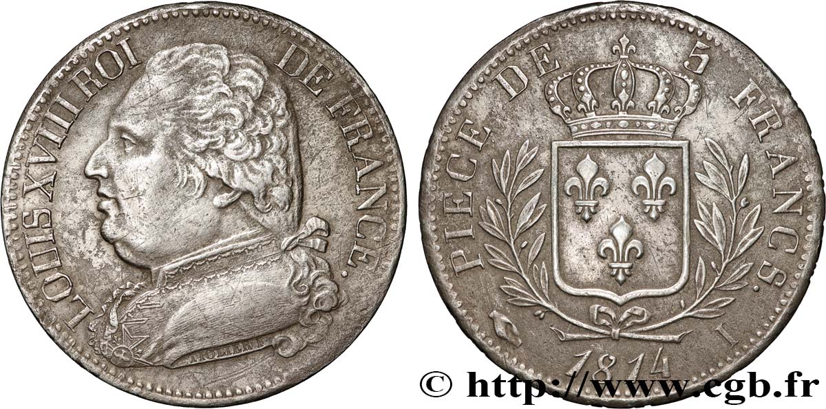 5 francs Louis XVIII, buste habillé 1814 Limoges F.308/6 XF 