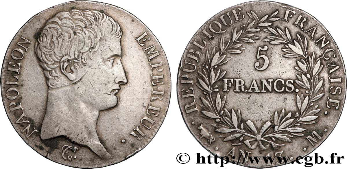 5 francs Napoléon Empereur, Calendrier révolutionnaire 1805 Toulouse F.303/13 XF 