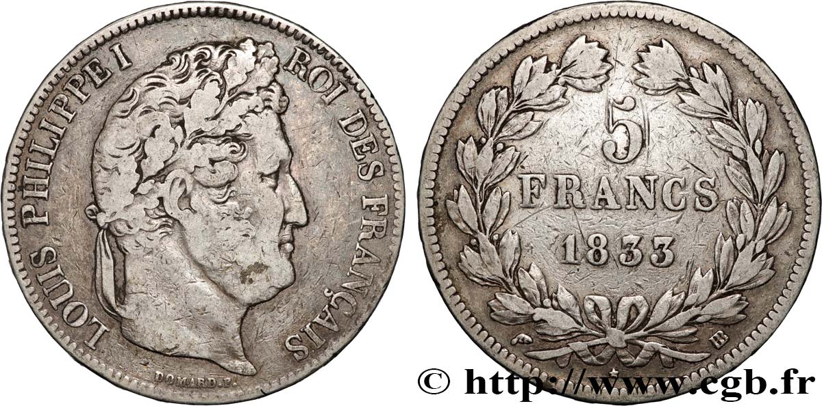 5 francs IIe type Domard 1833 Strasbourg F.324/16 VF 