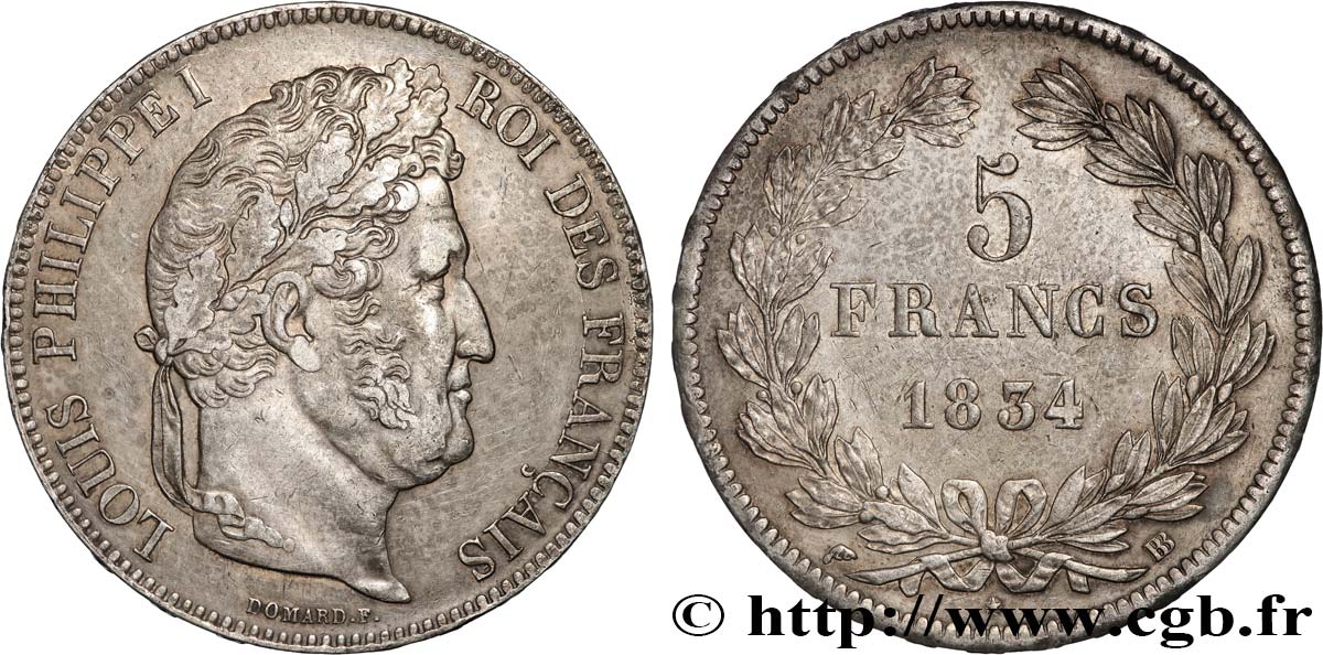 5 francs IIe type Domard 1834 Strasbourg F.324/31 AU50 