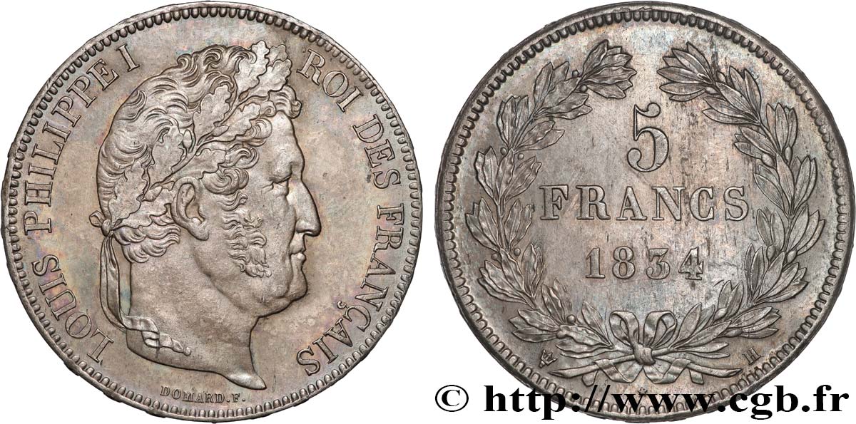5 francs IIe type Domard 1834 La Rochelle F.324/33 AU53 
