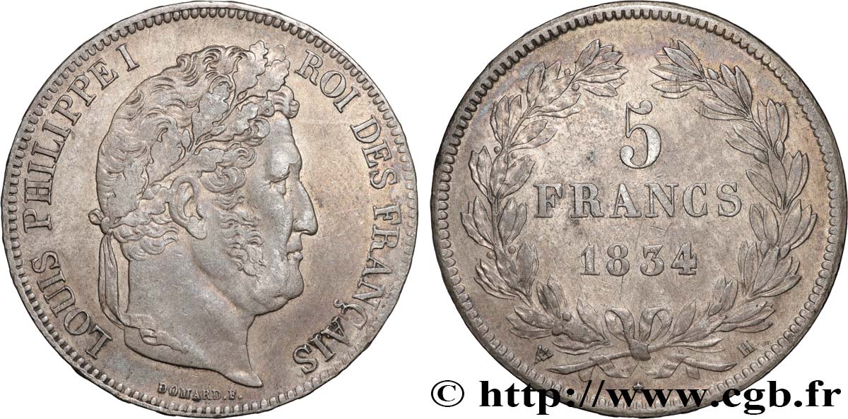 5 francs IIe type Domard 1834 La Rochelle F.324/33 TTB50 