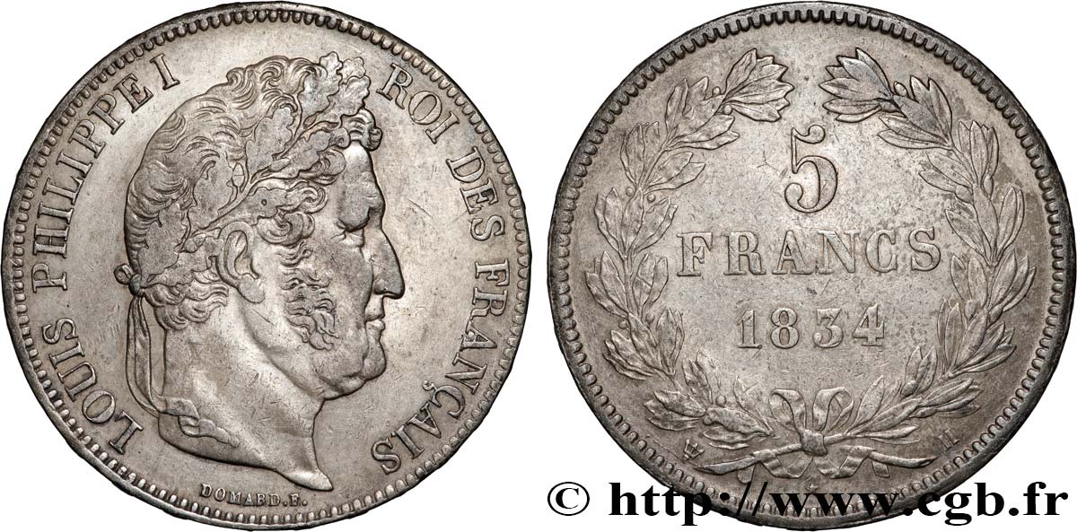 5 francs IIe type Domard 1834 La Rochelle F.324/33 MBC+ 