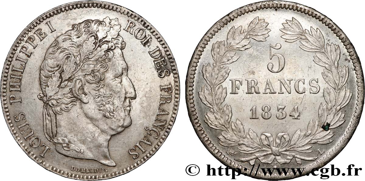 5 francs IIe type Domard 1834 Bayonne F.324/36 AU 