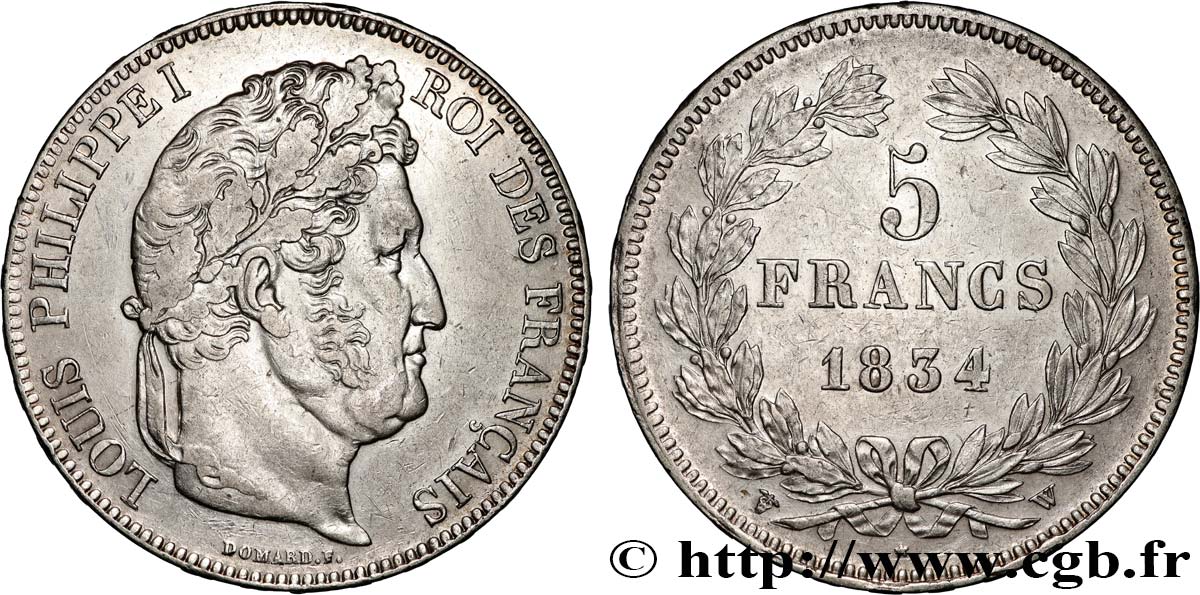 5 francs IIe type Domard 1834 Lille F.324/41 TTB+ 