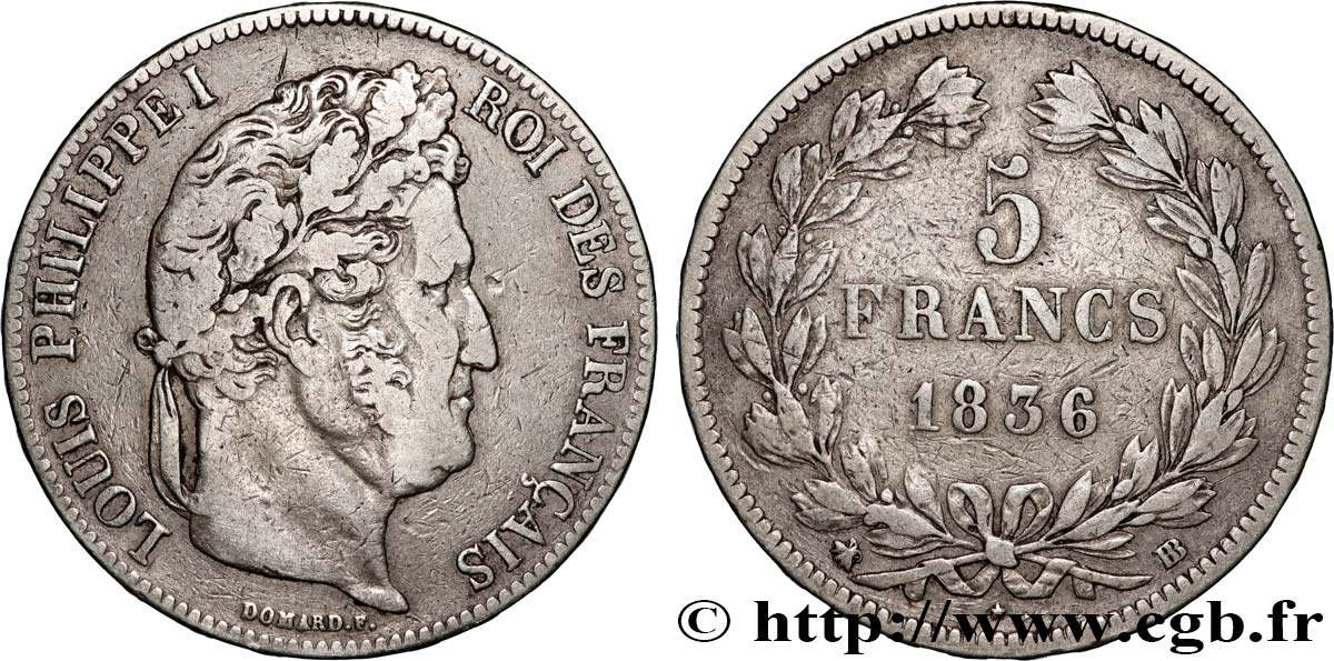 5 francs IIe type Domard 1836 Strasbourg F.324/55 VF 