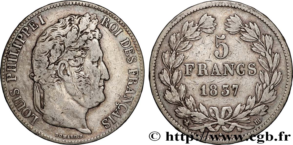 5 francs IIe type Domard 1837 Strasbourg F.324/63 TB+ 