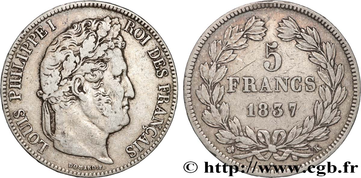 5 francs IIe type Domard 1837 Bordeaux F.324/65 TB+ 