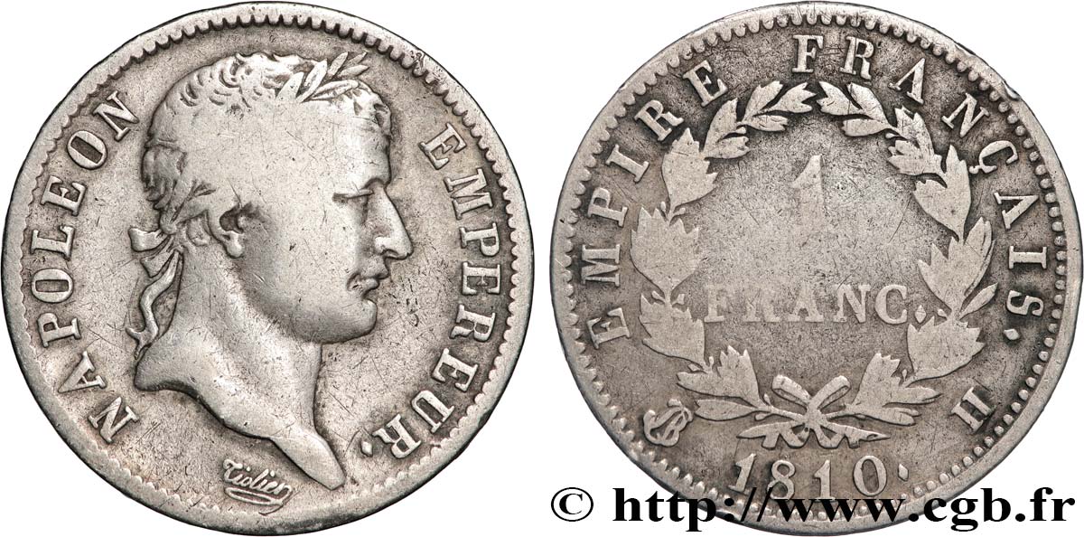 1 franc Napoléon Ier tête laurée, Empire français 1810 La Rochelle F.205/17 BC 