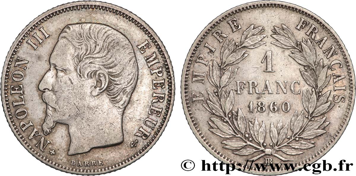 1 franc Napoléon III, tête nue 1860 Strasbourg F.214/19 fSS 