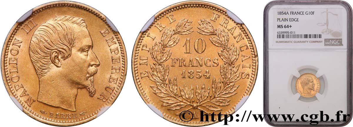 10 francs or Napoléon III, tête nue, petit module, tranche lisse 1854 Paris F.505/1 fST64 NGC