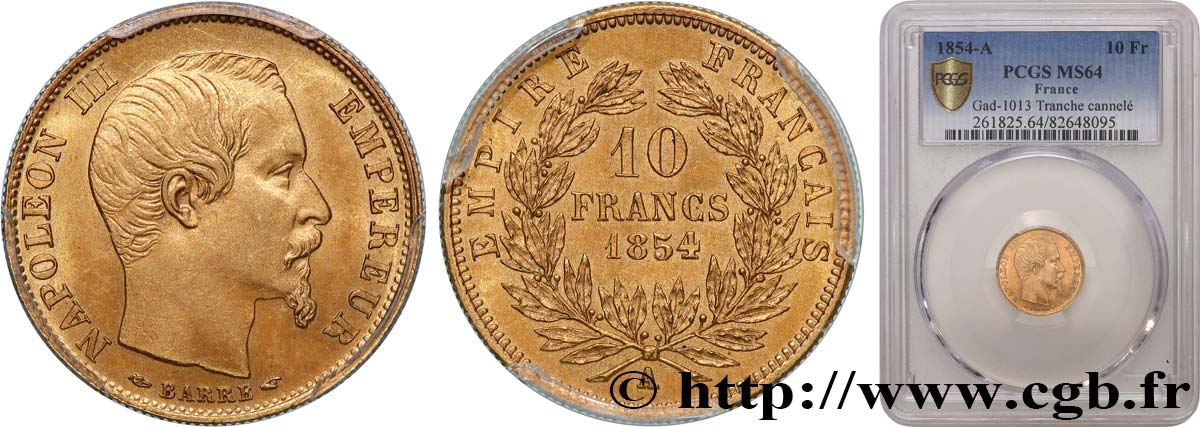 10 francs or Napoléon III, tête nue, petit module 1854 Paris F.505A/1 SPL64 PCGS