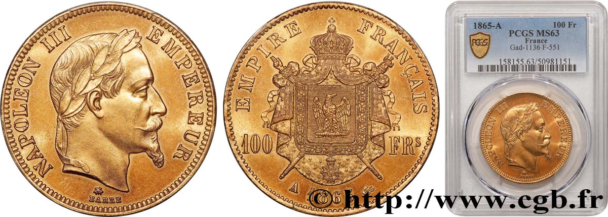 100 francs or Napoléon III, tête laurée 1865 Paris F.551/5 SPL63 PCGS