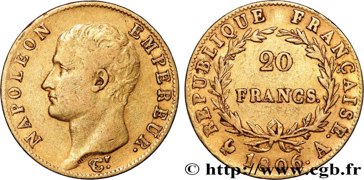 20 francs or Napoléon tête nue, Calendrier grégorien 1806 Paris F.513/1 fSS 