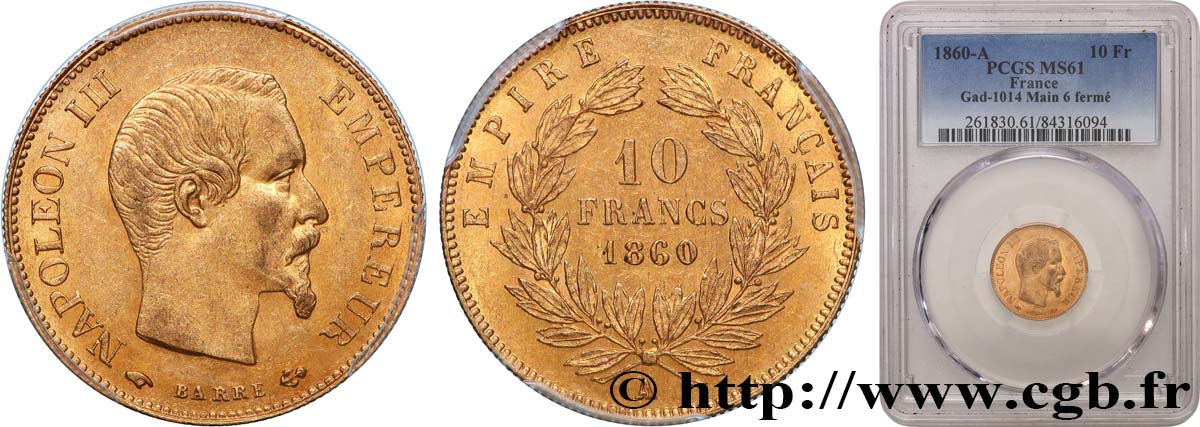 10 francs or Napoléon III, tête nue 1860 Paris F.506/9 MS61 PCGS