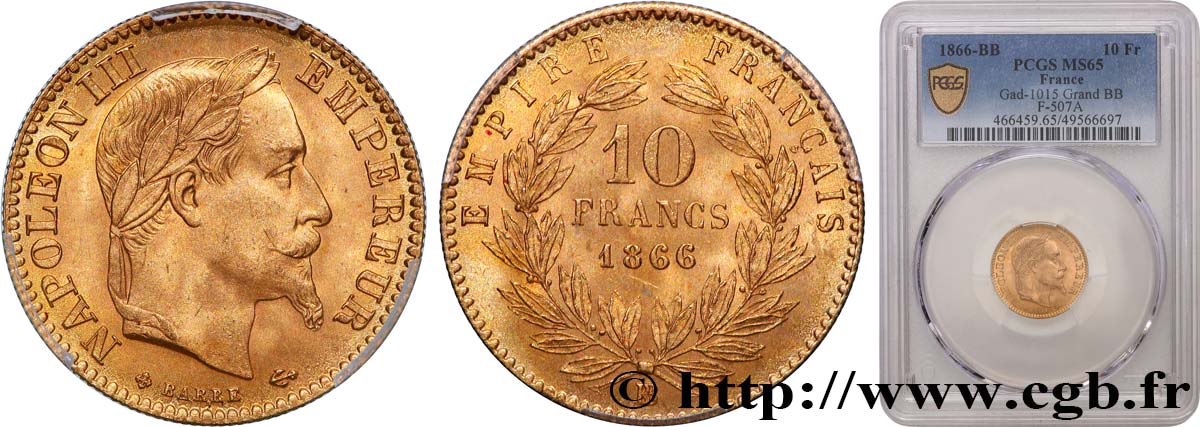 10 francs or Napoléon III, tête laurée 1866 Strasbourg F.507A/14 ST65 PCGS