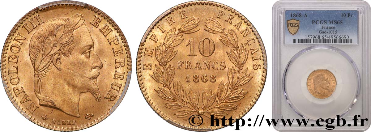 10 francs or Napoléon III, tête laurée 1868 Paris F.507A/17 FDC65 PCGS