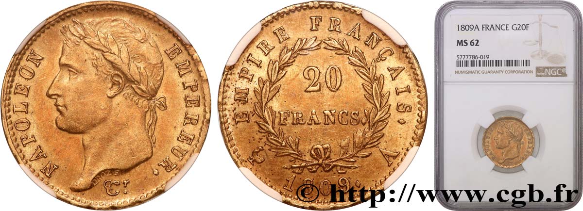 20 francs or Napoléon tête laurée, Empire français 1809 Paris F.516/1 SUP62 NGC