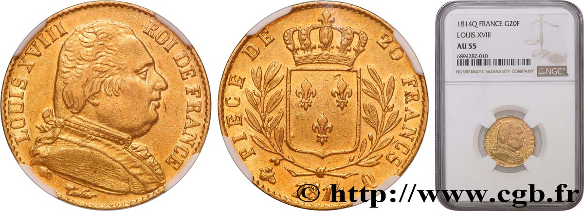 20 francs or Louis XVIII, buste habillé 1814 Perpignan F.517/8 AU55 NGC