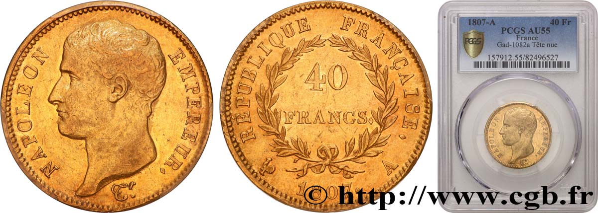 40 francs or Napoléon tête nue, type transitoire 1807 Paris F.539/1 EBC55 PCGS