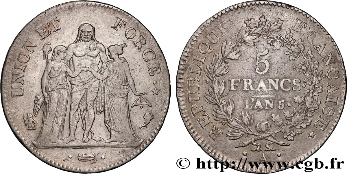 5 francs Union et Force, Union serré, avec glands intérieurs et gland extérieur 1797 Paris F.288/11 BC+ 