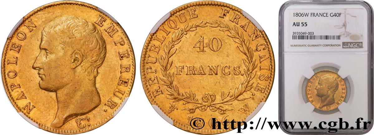 40 francs or Napoléon tête nue, Calendrier grégorien 1806 Lille F.538/5 AU55 NGC