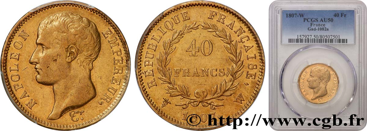 40 francs or Napoléon tête nue, type transitoire 1807 Lille F.539/5 SS50 PCGS