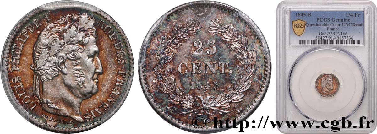 25 centimes Louis-Philippe 1845 Rouen F.167/1 SUP+ PCGS