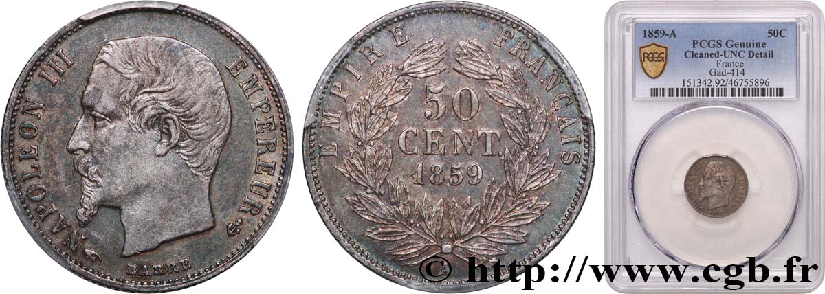 50 centimes Napoléon III, tête nue 1859 Paris F.187/10 MS PCGS