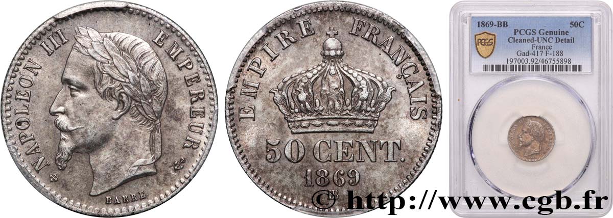 50 centimes Napoléon III, tête laurée 1869 Strasbourg F.188/23 VZ+ PCGS