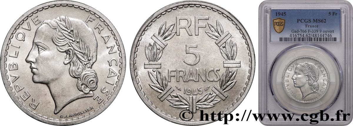 5 francs Lavrillier, aluminium, 9 ouvert 1945  F.339/3 VZ62 PCGS