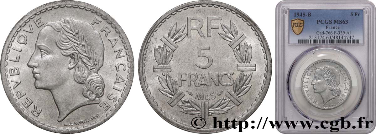 5 francs Lavrillier, aluminium 1945 Beaumont-Le-Roger F.339/4 fST63 PCGS