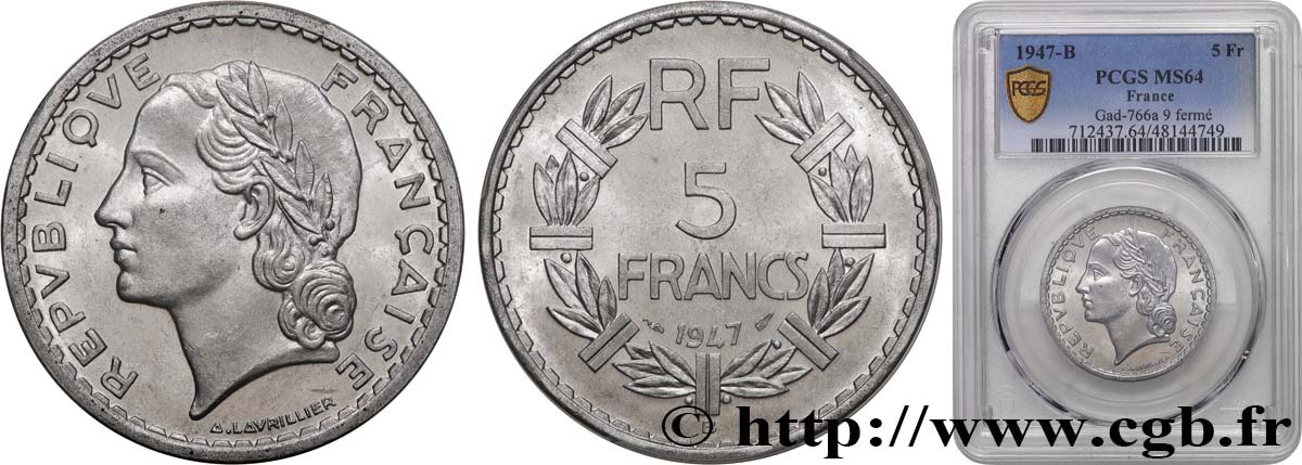 5 francs Lavrillier, aluminium 1947 Beaumont-Le-Roger F.339/12 SPL64 PCGS