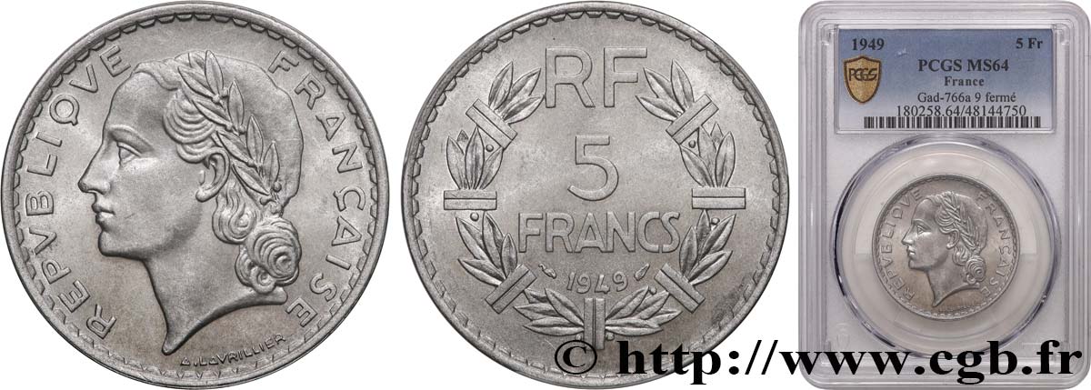 5 francs Lavrillier, aluminium 1949  F.339/17 MS64 PCGS