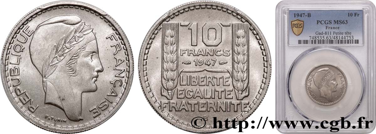 10 francs Turin, petite tête 1947 Beaumont-Le-Roger F.362/2 SC63 PCGS