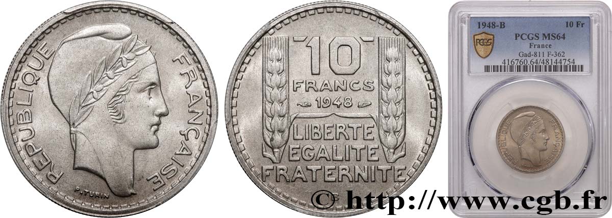 10 francs Turin, petite tête 1948 Beaumont-Le-Roger F.362/4 MS64 PCGS