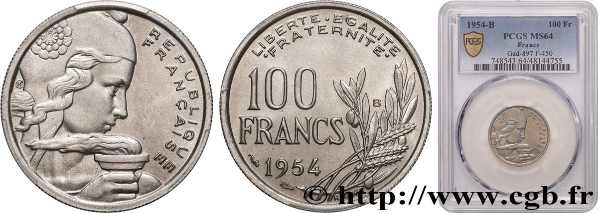 100 francs Cochet 1954 Beaumont-Le-Roger F.450/3 MS64 PCGS