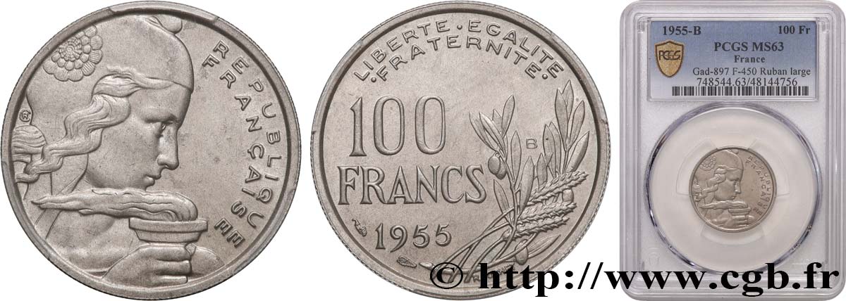 100 francs Cochet 1955 Beaumont-le-Roger F.450/7 MS63 PCGS