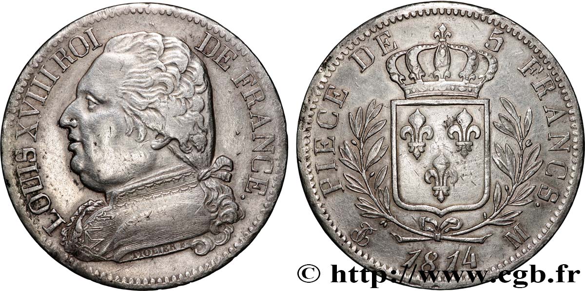 5 francs Louis XVIII, buste habillé 1814 Toulouse F.308/9 MBC 