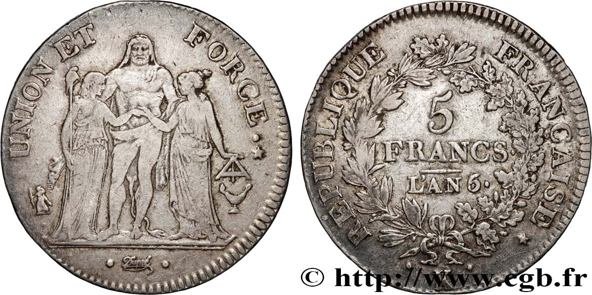 5 francs Union et Force, Union serré, seulement gland extérieur 1798 Bordeaux F.288/62 TB+ 