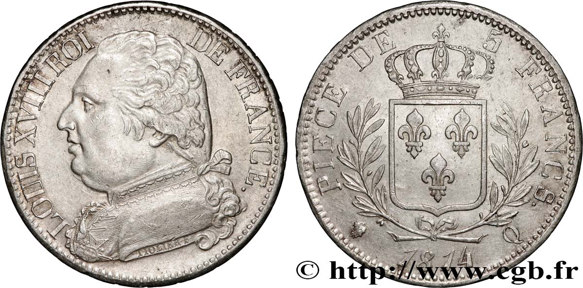 5 francs Louis XVIII, buste habillé 1814 Perpignan F.308/11 TTB+ 