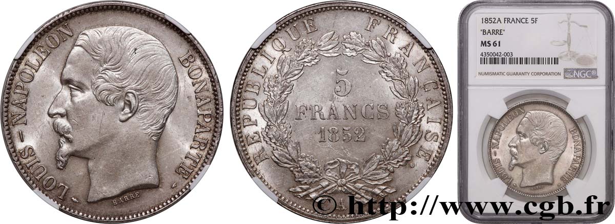 5 francs Louis-Napoléon, 1er type 1852 Paris F.329/1 EBC61 NGC