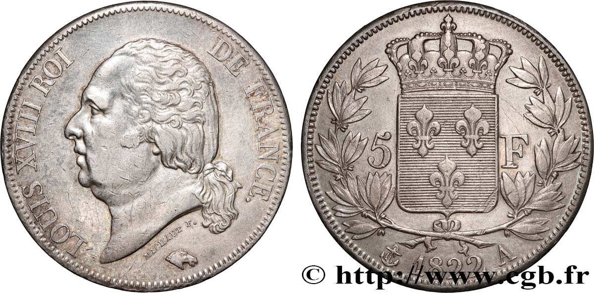 5 francs Louis XVIII, tête nue 1822 Paris F.309/68 TTB 