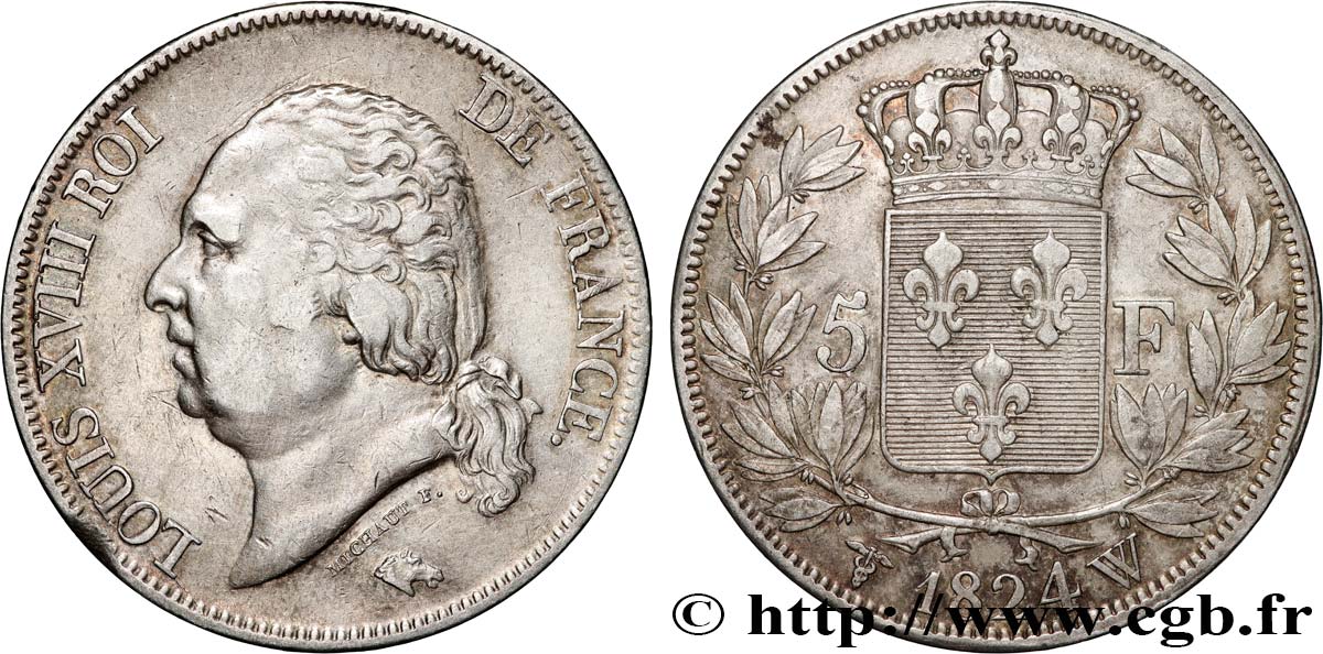 5 francs Louis XVIII, tête nue 1824 Lille F.309/98 TTB 