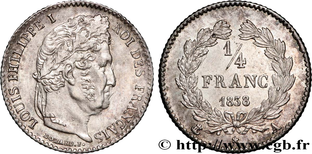 1/4 franc Louis-Philippe 1838 Paris F.166/69 SPL+ 