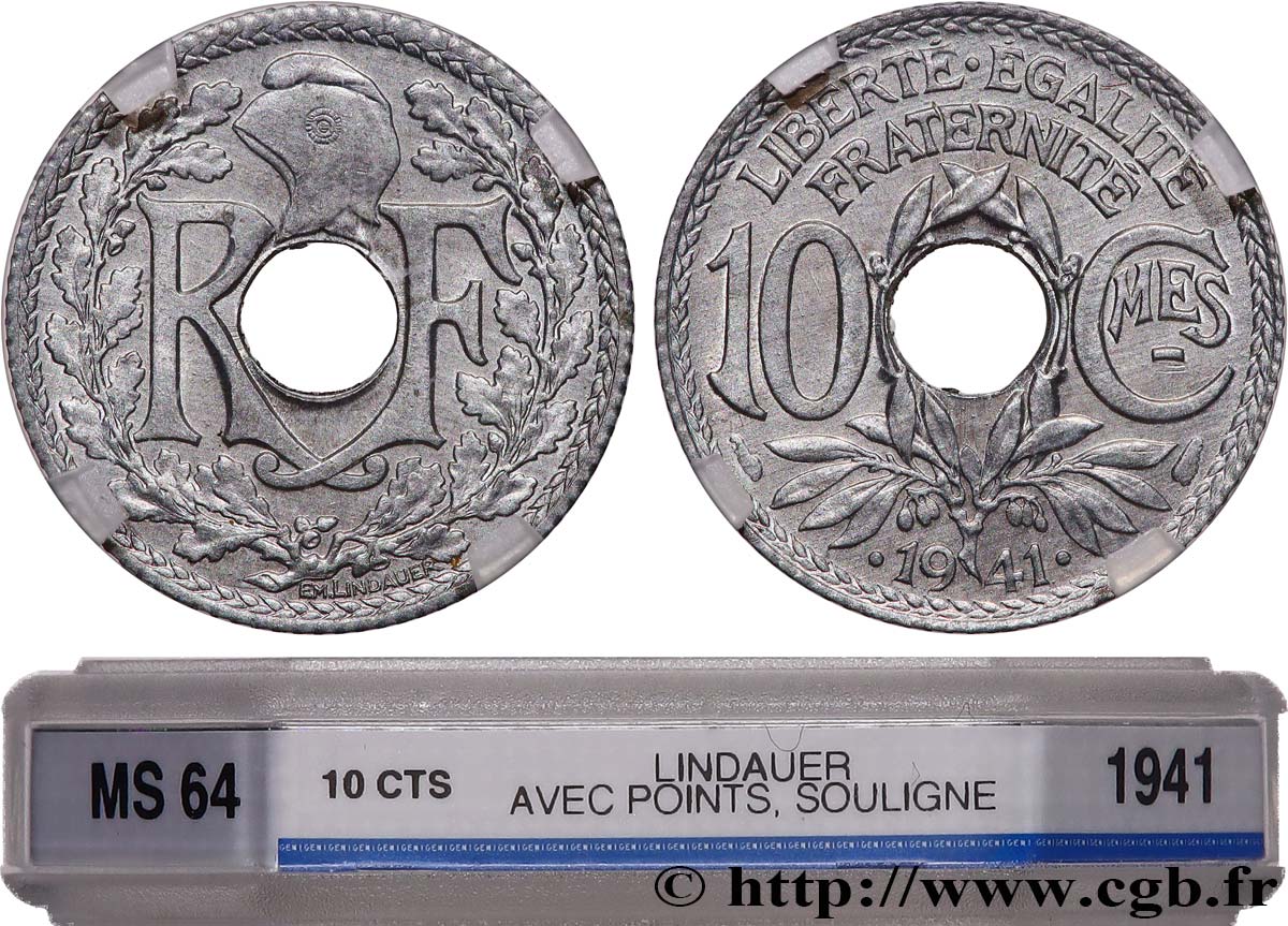 10 centimes Lindauer en zinc, Cmes souligné et millésime avec points 1941  F.140/2 fST64 GENI