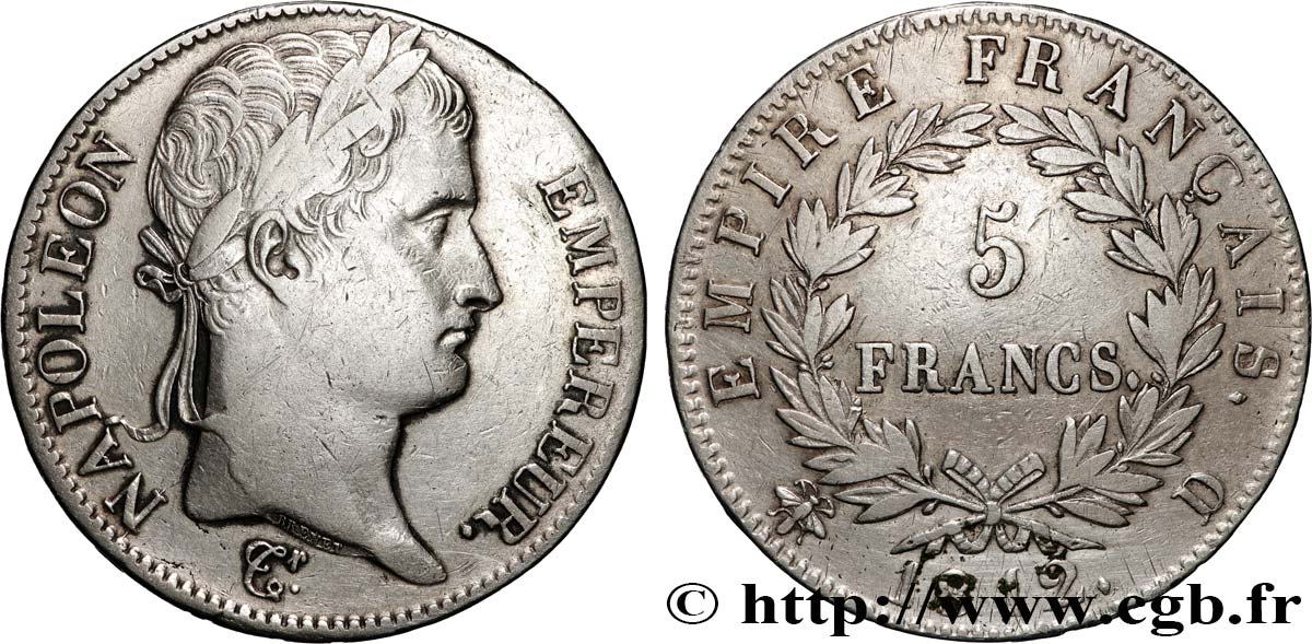 5 francs Napoléon Empereur, Empire français 1812 Lyon F.307/44 VF 