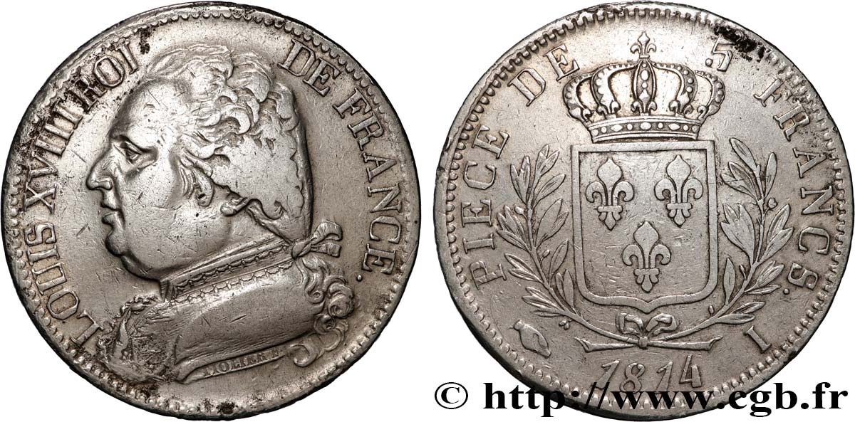 5 francs Louis XVIII, buste habillé 1814 Limoges F.308/6 TB+ 