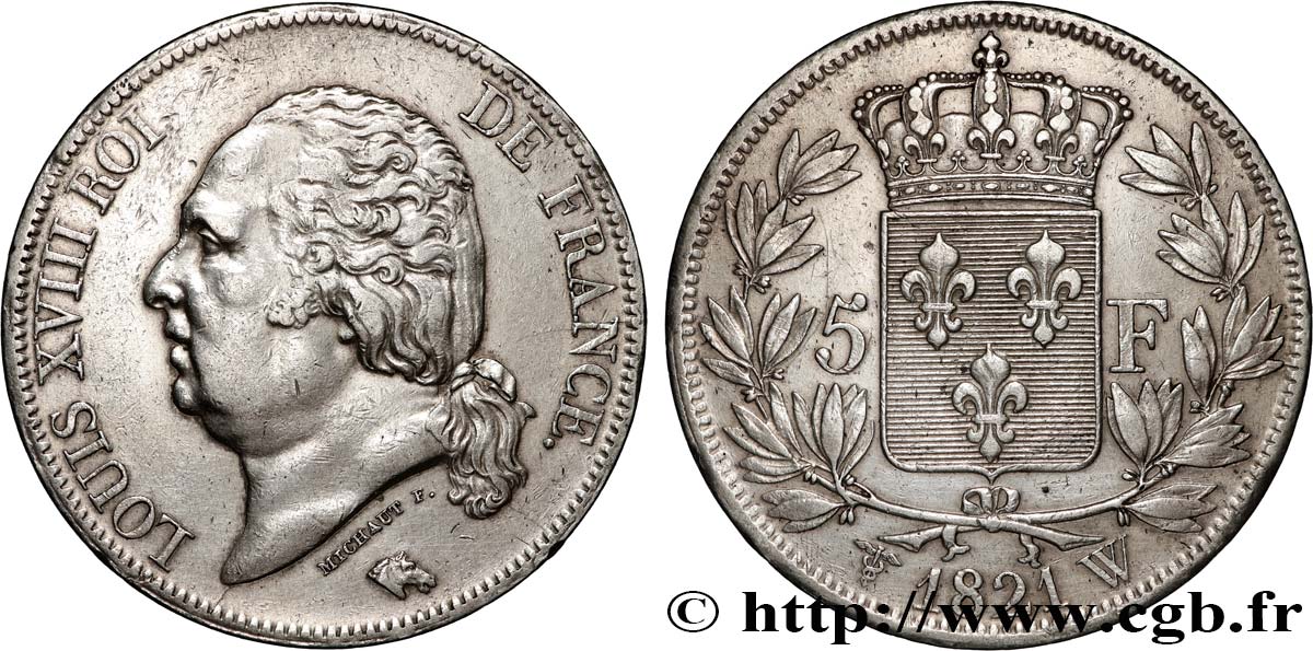 5 francs Louis XVIII, tête nue 1821 Lille F.309/67 TTB 