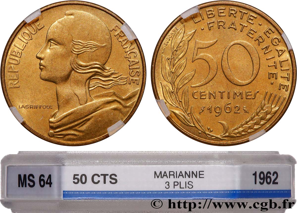 50 centimes Marianne, col à trois plis 1962 Paris F.197/2 fST64 GENI